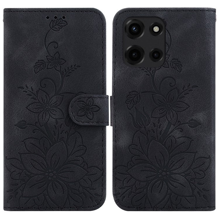 For Motorola Moto G 5G (2025) Case Lily Flower Imprint Leather Phone Cover with Stand - Black