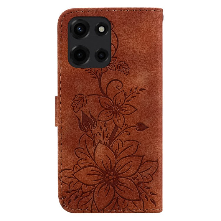 For Motorola Moto G 5G (2025) Case Lily Flower Imprint Leather Phone Cover with Stand - Brown