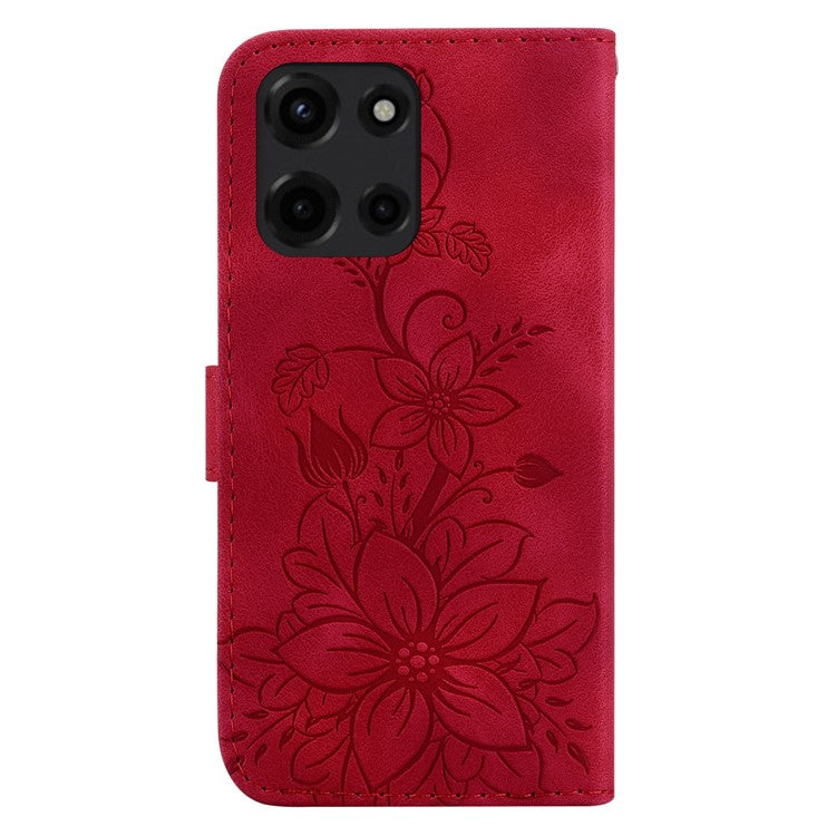 For Motorola Moto G 5G (2025) Case Lily Flower Imprint Leather Phone Cover with Stand - Red