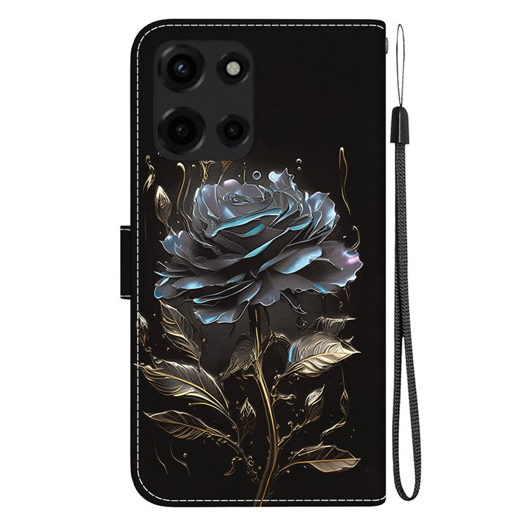 For Motorola Moto G 5G (2025) Wallet Phone Case Anti-Drop Leather Flip Cover Pattern Printing - Black Rose