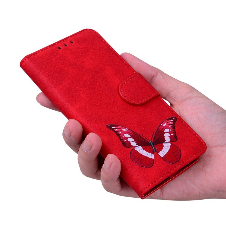 For Motorola Moto G 5G (2025) Stand Case PU Leather Phone Cover Butterfly Printed - Red