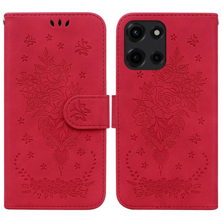 For Motorola Moto G Power (2025) Case PU Leather Wallet Phone Cover Butterfly Flower Imprint - Red