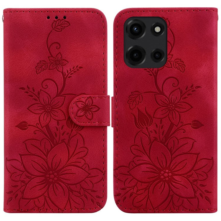 For Motorola Moto G Power (2025) Case Lily Flower Imprint Leather Phone Cover with Stand - Red