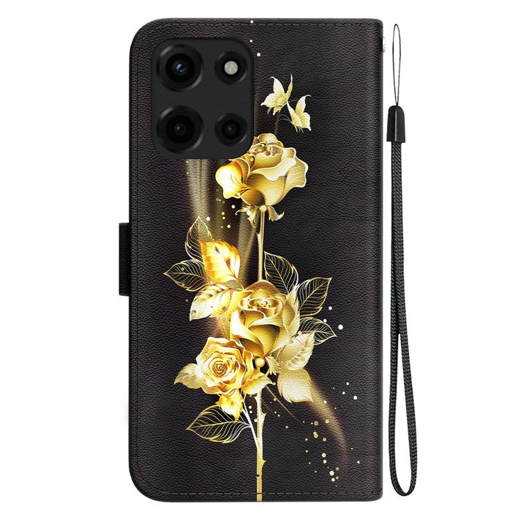 For Motorola Moto G Power (2025) Wallet Phone Case Anti-Drop Leather Flip Cover Pattern Printing - Gold Butterfly Rose