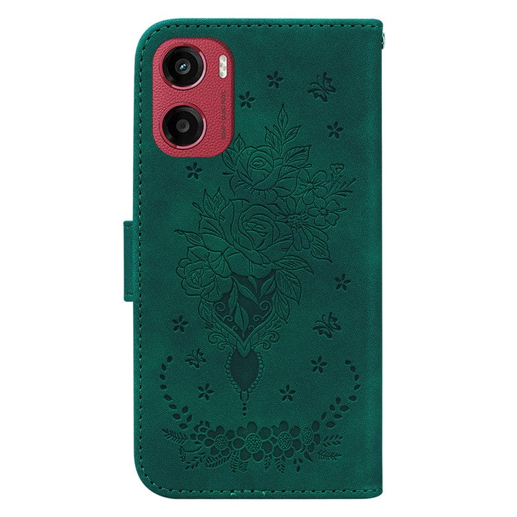 For Motorola Moto G05 4G / E15 4G Case PU Leather Wallet Phone Cover Butterfly Flower Imprint - Green
