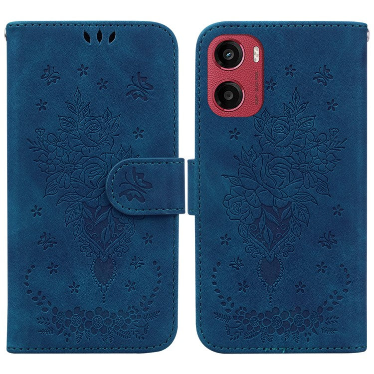 For Motorola Moto G05 4G / E15 4G Case PU Leather Wallet Phone Cover Butterfly Flower Imprint - Blue
