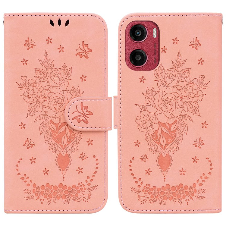 For Motorola Moto G05 4G / E15 4G Case PU Leather Wallet Phone Cover Butterfly Flower Imprint - Pink