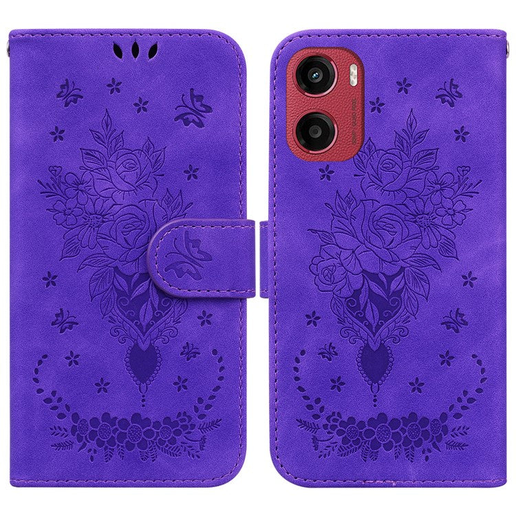 For Motorola Moto G05 4G / E15 4G Case PU Leather Wallet Phone Cover Butterfly Flower Imprint - Purple
