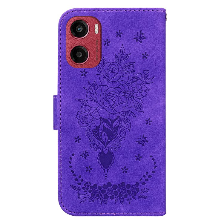 For Motorola Moto G05 4G / E15 4G Case PU Leather Wallet Phone Cover Butterfly Flower Imprint - Purple