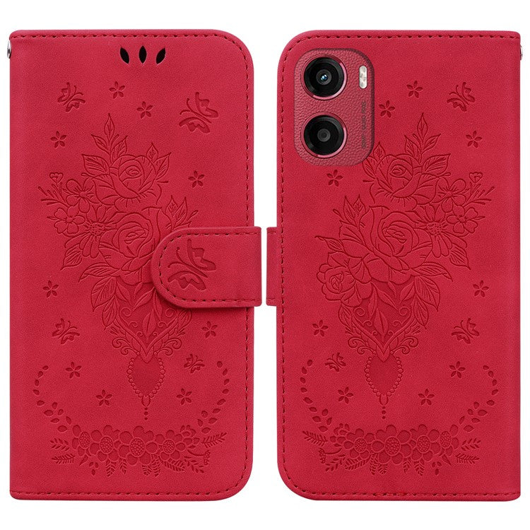 For Motorola Moto G05 4G / E15 4G Case PU Leather Wallet Phone Cover Butterfly Flower Imprint - Red