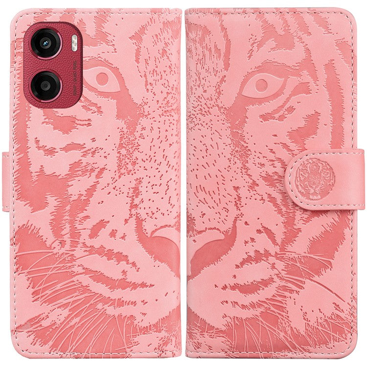 For Motorola Moto G05 4G / E15 4G Case Tiger Imprint Leather Wallet Phone Cover - Pink