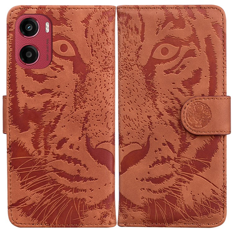For Motorola Moto G05 4G / E15 4G Case Tiger Imprint Leather Wallet Phone Cover - Brown