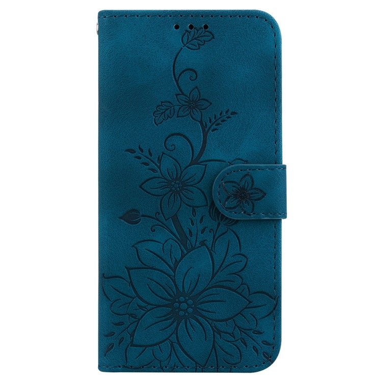 For Motorola Moto G05 4G / E15 4G Case Lily Flower Imprint Leather Phone Cover with Stand - Dark Blue