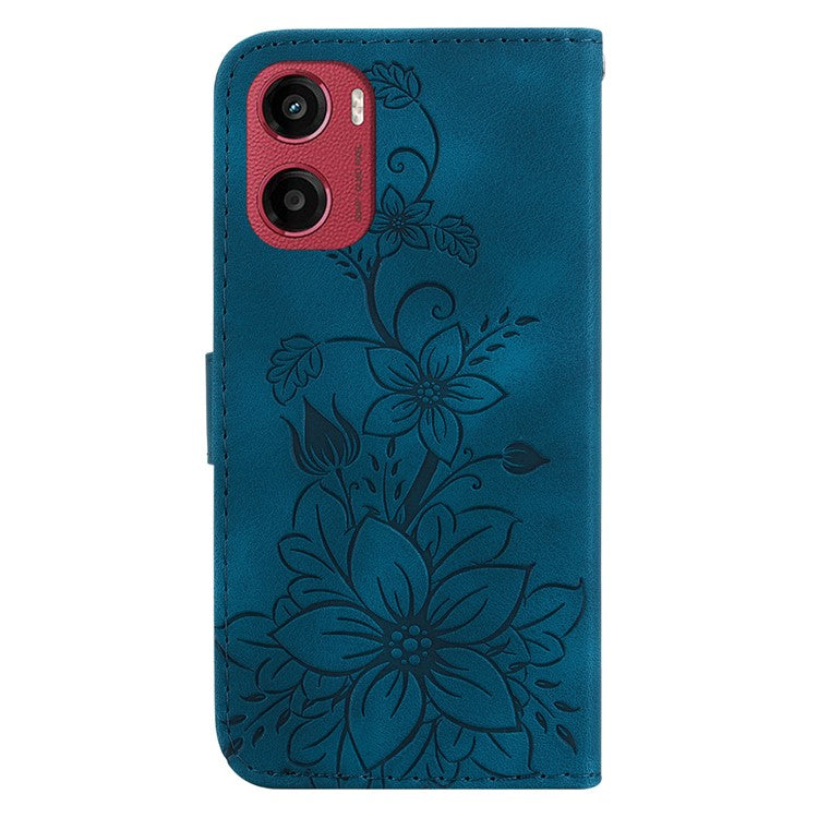 For Motorola Moto G05 4G / E15 4G Case Lily Flower Imprint Leather Phone Cover with Stand - Dark Blue