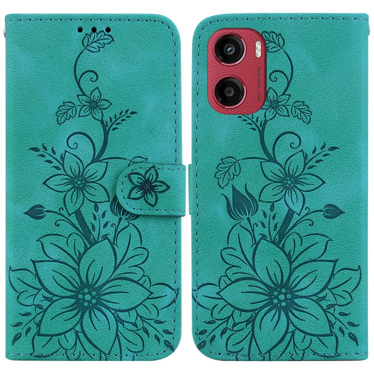 For Motorola Moto G05 4G / E15 4G Case Lily Flower Imprint Leather Phone Cover with Stand - Green