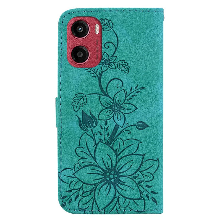For Motorola Moto G05 4G / E15 4G Case Lily Flower Imprint Leather Phone Cover with Stand - Green