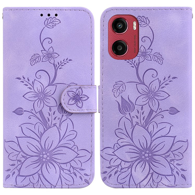 For Motorola Moto G05 4G / E15 4G Case Lily Flower Imprint Leather Phone Cover with Stand - Purple