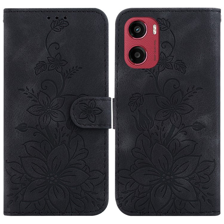 For Motorola Moto G05 4G / E15 4G Case Lily Flower Imprint Leather Phone Cover with Stand - Black