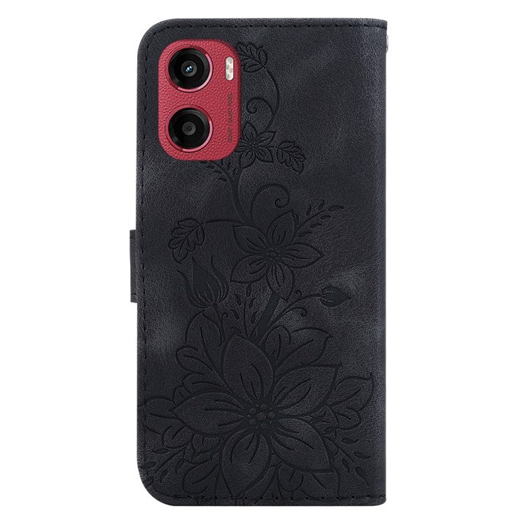 For Motorola Moto G05 4G / E15 4G Case Lily Flower Imprint Leather Phone Cover with Stand - Black