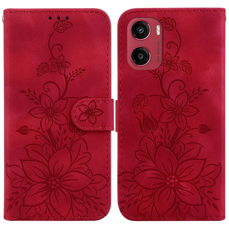 For Motorola Moto G05 4G / E15 4G Case Lily Flower Imprint Leather Phone Cover with Stand - Red