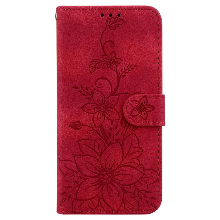 For Motorola Moto G05 4G / E15 4G Case Lily Flower Imprint Leather Phone Cover with Stand - Red