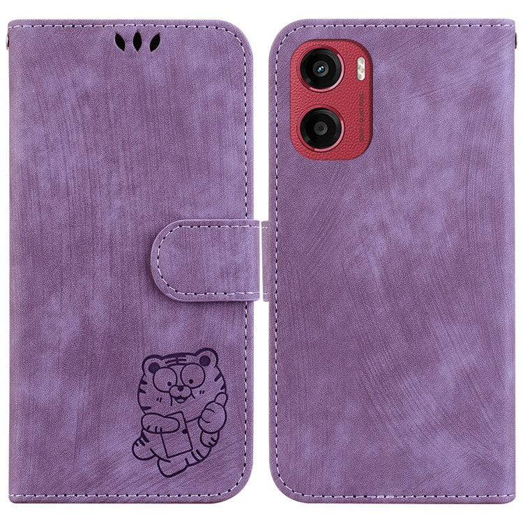For Motorola Moto G05 4G / E15 4G Wallet Case Tiger Imprint Leather Shockproof Phone Cover - Purple
