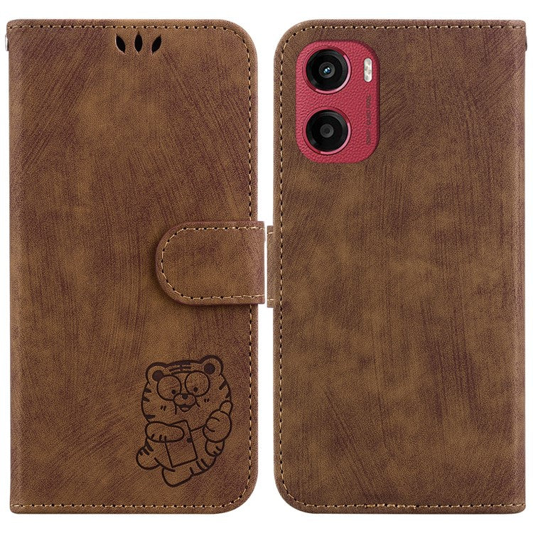For Motorola Moto G05 4G / E15 4G Wallet Case Tiger Imprint Leather Shockproof Phone Cover - Brown