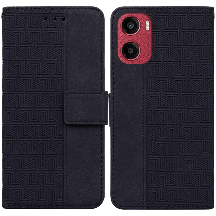 For Motorola Moto G05 4G / E15 4G Case Geometry Pattern Leather Wallet Phone Cover - Black