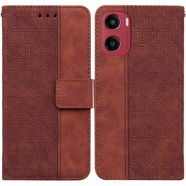 For Motorola Moto G05 4G / E15 4G Case Geometry Pattern Leather Wallet Phone Cover - Brown