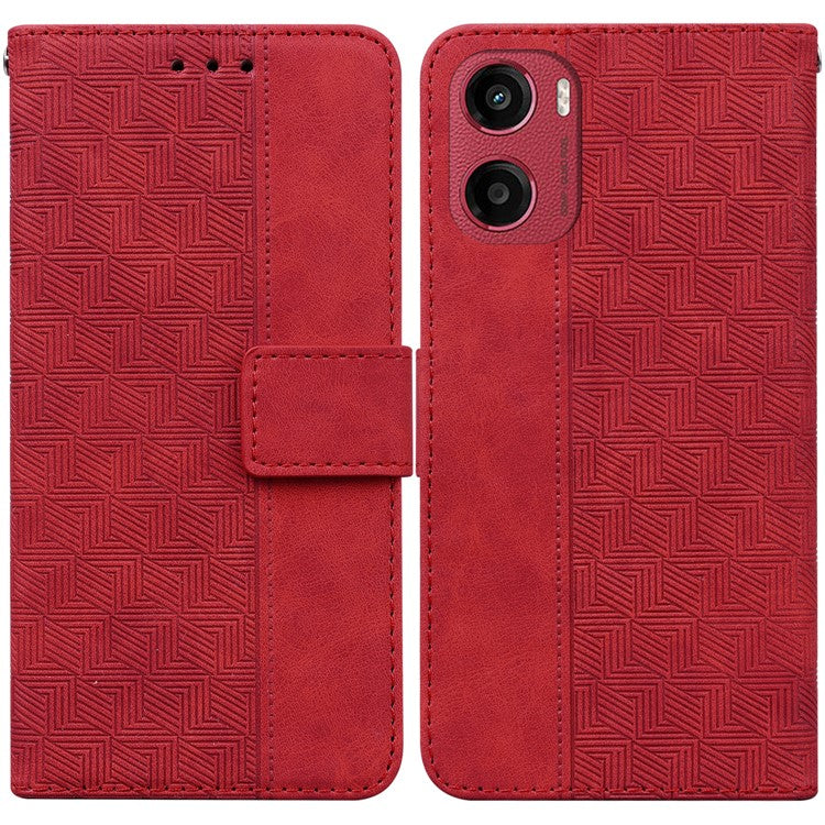 For Motorola Moto G05 4G / E15 4G Case Geometry Pattern Leather Wallet Phone Cover - Red