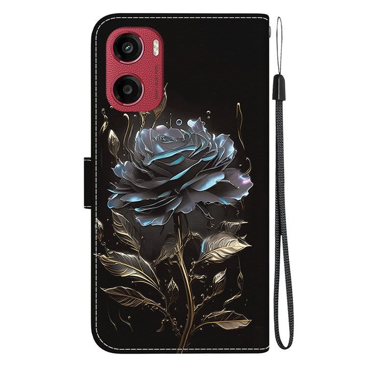 For Motorola Moto G05 4G / E15 4G Wallet Phone Case Anti-Drop Leather Flip Cover Pattern Printing - Black Rose