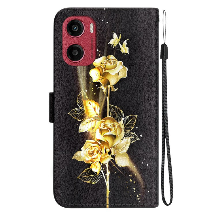 For Motorola Moto G05 4G / E15 4G Wallet Phone Case Anti-Drop Leather Flip Cover Pattern Printing - Gold Butterfly Rose