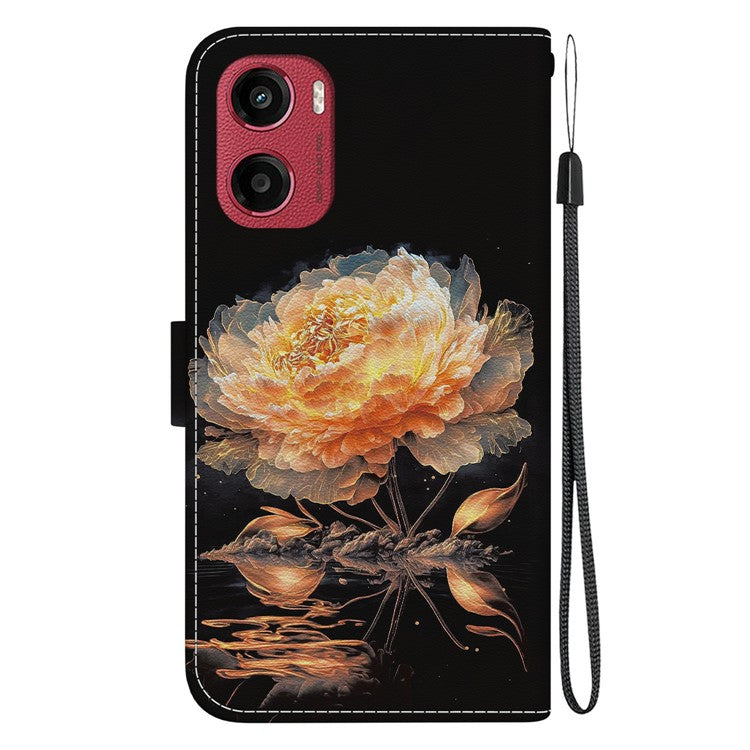 For Motorola Moto G05 4G / E15 4G Wallet Phone Case Anti-Drop Leather Flip Cover Pattern Printing - Gold Peony