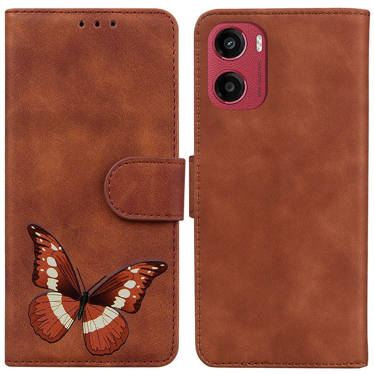 For Motorola Moto G05 4G / E15 4G Stand Case PU Leather Phone Cover Butterfly Printed - Brown