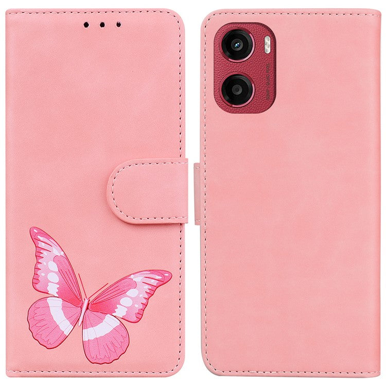 For Motorola Moto G05 4G / E15 4G Stand Case PU Leather Phone Cover Butterfly Printed - Pink