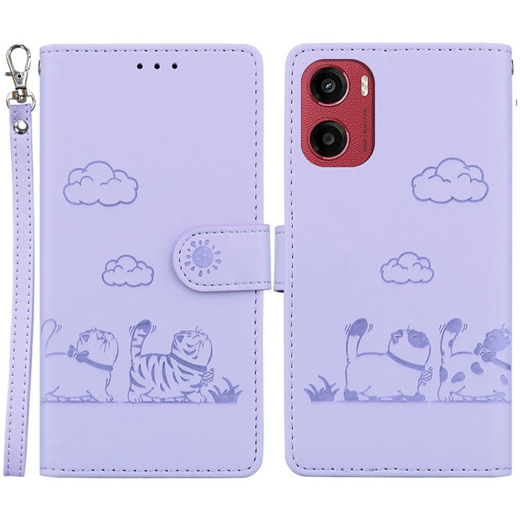 For Motorola Moto G05 4G / E15 4G Case RFID Blocking Kitten Pattern TPU+PU Leather Phone Cover - Purple