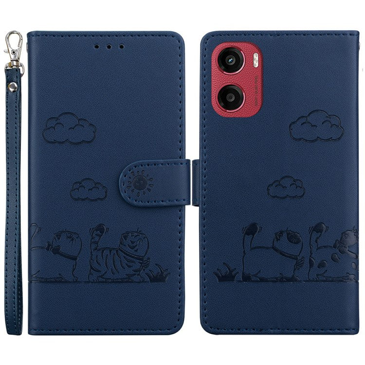 For Motorola Moto G05 4G / E15 4G Case RFID Blocking Kitten Pattern TPU+PU Leather Phone Cover - Blue