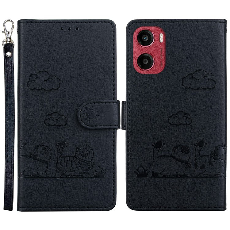 For Motorola Moto G05 4G / E15 4G Case RFID Blocking Kitten Pattern TPU+PU Leather Phone Cover - Black
