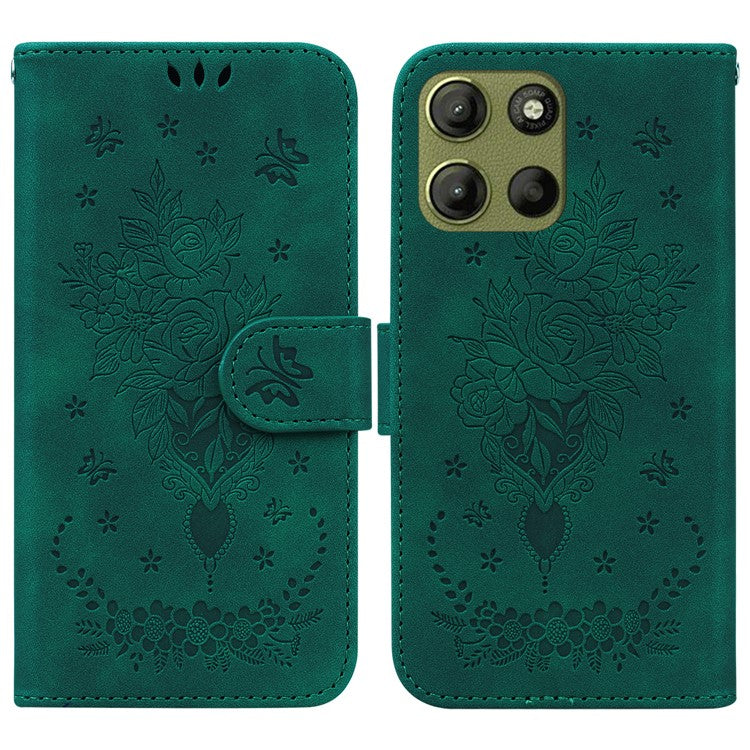 For Motorola Moto G15 4G Case PU Leather Wallet Phone Cover Butterfly Flower Imprint - Green