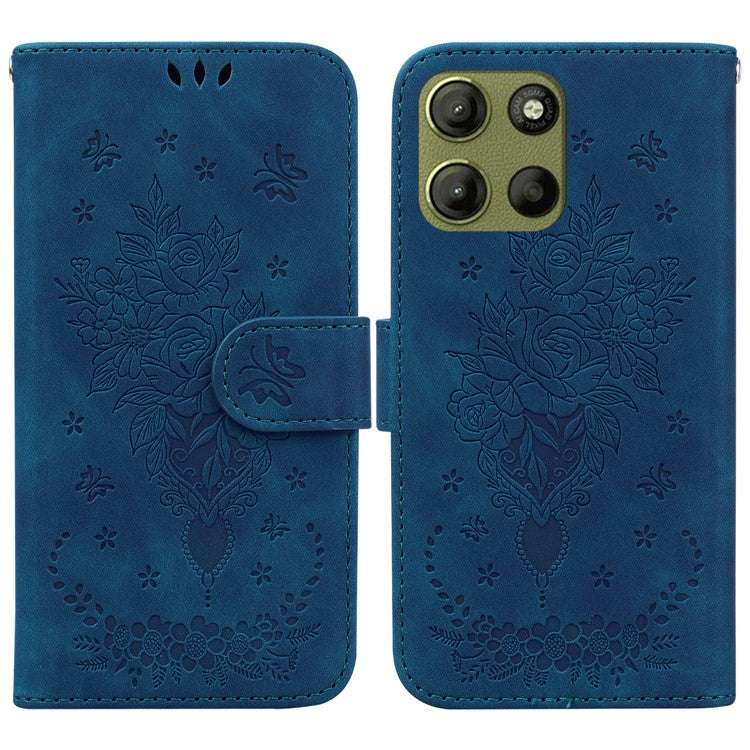 For Motorola Moto G15 4G Case PU Leather Wallet Phone Cover Butterfly Flower Imprint - Blue