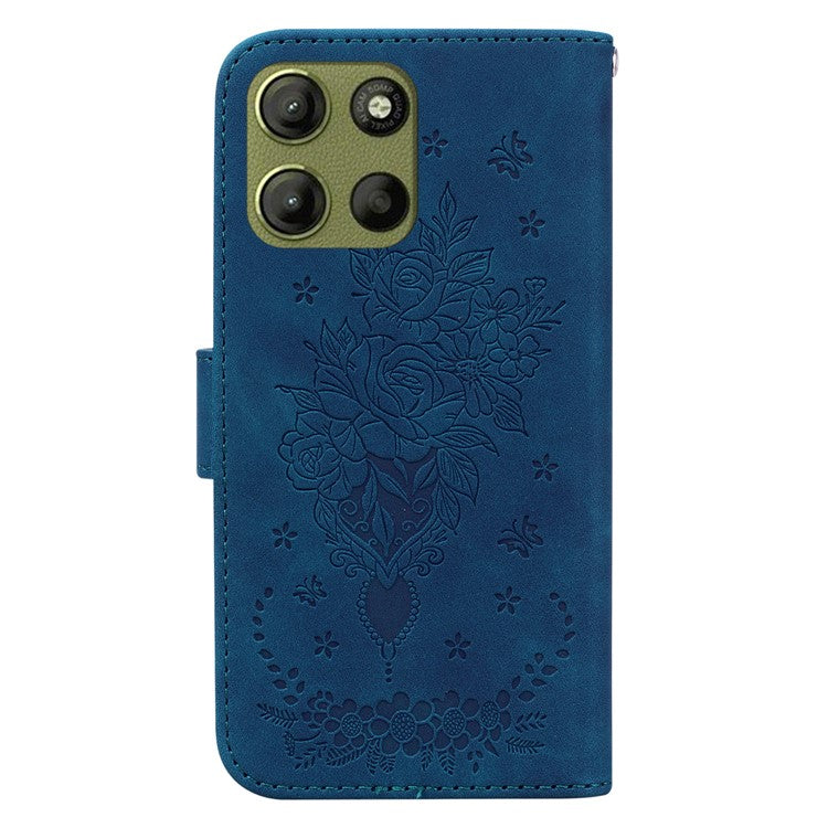 For Motorola Moto G15 4G Case PU Leather Wallet Phone Cover Butterfly Flower Imprint - Blue
