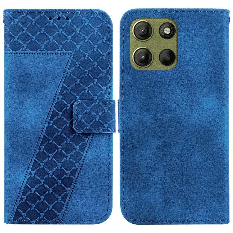 For Motorola Moto G15 4G Stand Case 7-Shaped Pattern Imprint Leather Phone Cover - Dark Blue