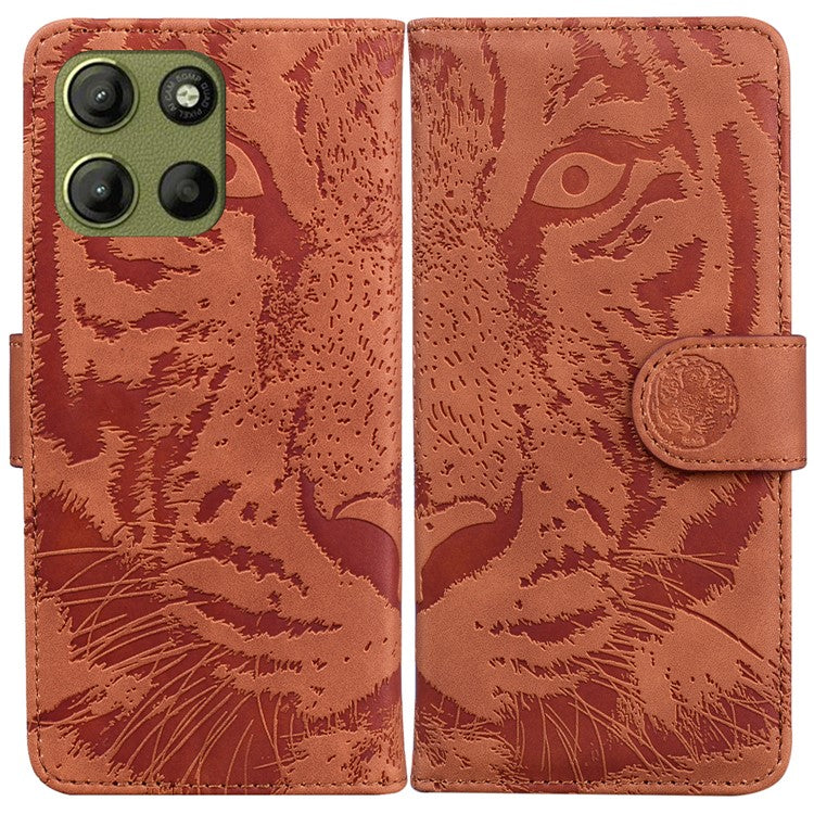 For Motorola Moto G15 4G Case Tiger Imprint Leather Wallet Phone Cover - Brown