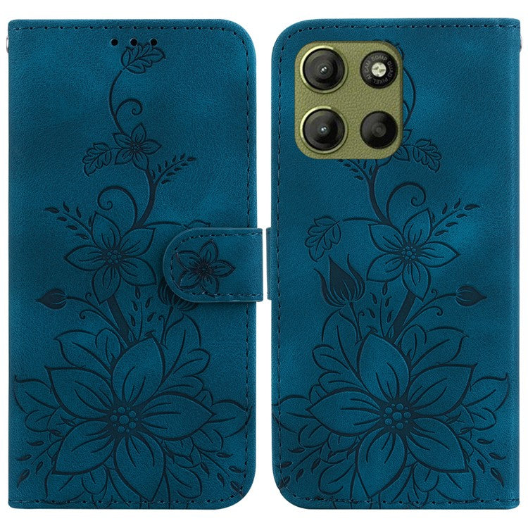 For Motorola Moto G15 4G Case Lily Flower Imprint Leather Phone Cover with Stand - Dark Blue