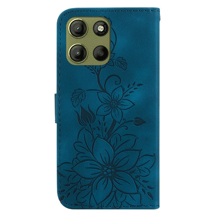 For Motorola Moto G15 4G Case Lily Flower Imprint Leather Phone Cover with Stand - Dark Blue