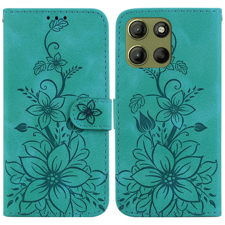 For Motorola Moto G15 4G Case Lily Flower Imprint Leather Phone Cover with Stand - Green