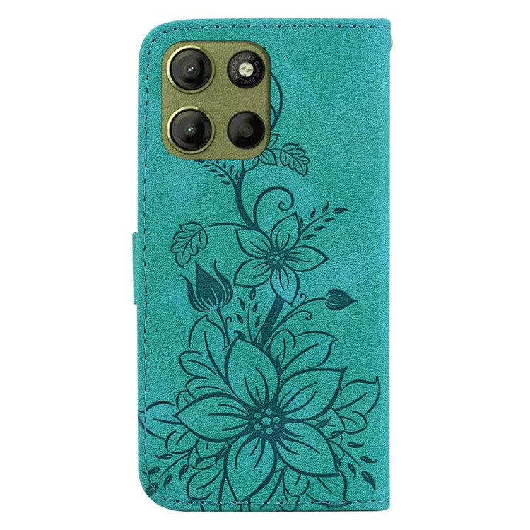 For Motorola Moto G15 4G Case Lily Flower Imprint Leather Phone Cover with Stand - Green