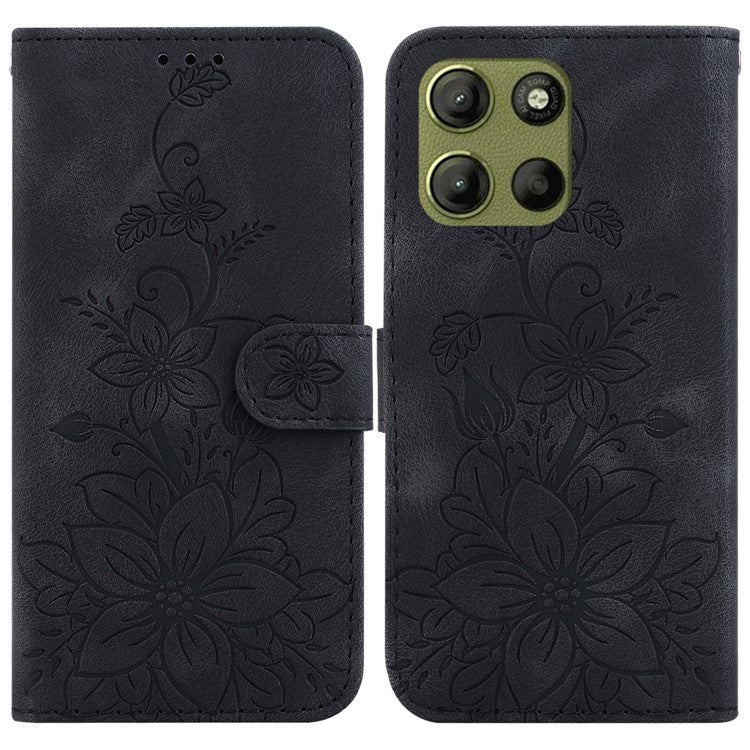 For Motorola Moto G15 4G Case Lily Flower Imprint Leather Phone Cover with Stand - Black