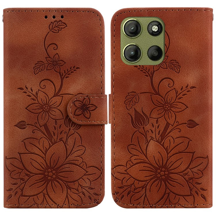 For Motorola Moto G15 4G Case Lily Flower Imprint Leather Phone Cover with Stand - Brown