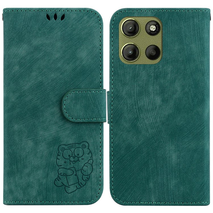 For Motorola Moto G15 4G Wallet Case Tiger Imprint Leather Shockproof Phone Cover - Green